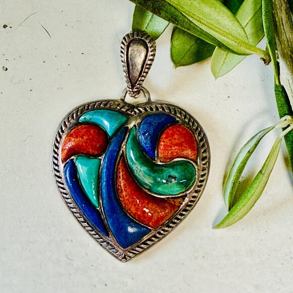 Sterling Silver Turquoise Coral Lapis Inlay Heart Pendant - Picture 2 of 4